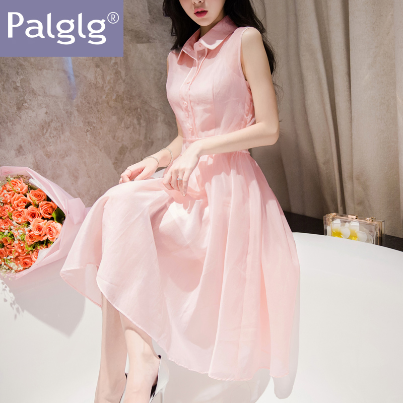Palglg连衣裙女夏2016新款韩版修身收腰气质翻领无袖两件套中长裙产品展示图3