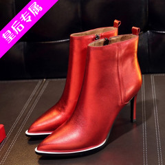 2016新款欧美红色高跟靴子女 短靴 头层牛皮尖头细高跟低筒女靴子