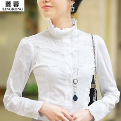 2016秋装新款韩版蕾丝衫立领上衣白色长袖打底衫时尚气质衬衣女