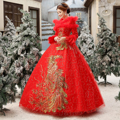 冬款红色冬季婚纱礼服2016新款新娘保暖一字肩毛领长袖加厚加棉
