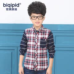 2015春装新款拼接格子儿童韩版长袖格子衬衫衣男童中小童纯棉潮