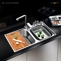 阿萨斯一体成型欧式多功能304加厚不锈钢水槽双槽洗菜盆刀架套餐