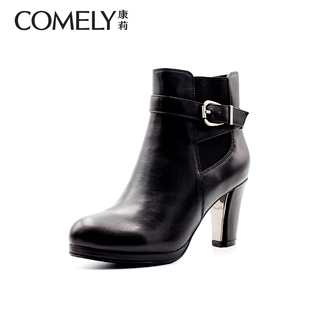 巴寶莉專櫃價格表 comely 康莉專櫃新款牛皮中跟粗跟皮帶飾扣通勤女鞋 女短靴 巴寶莉