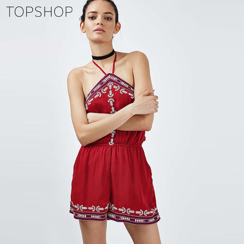 TOPSHOP2016秋冬新款民族风刺绣红色挂脖连体裤14P34JRED产品展示图3