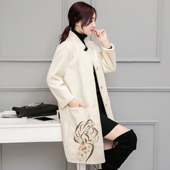 韩版茧型羊剪绒皮草外套女中长款 时尚头像印花双面羊绒修身大衣