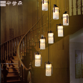 LED中式楼梯高吊灯五头八头别墅复式旋转楼梯餐厅长线吊灯饰灯具