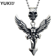 YUKI men death angel wing pendant titanium steel necklace long chain hanging chain hipster European fashion jewelry