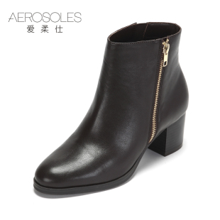 如何約愛馬仕 Aerosoles 愛柔仕冬季簡約歐美休閑側拉鏈牛皮舒適粗高跟女短靴 背愛馬仕