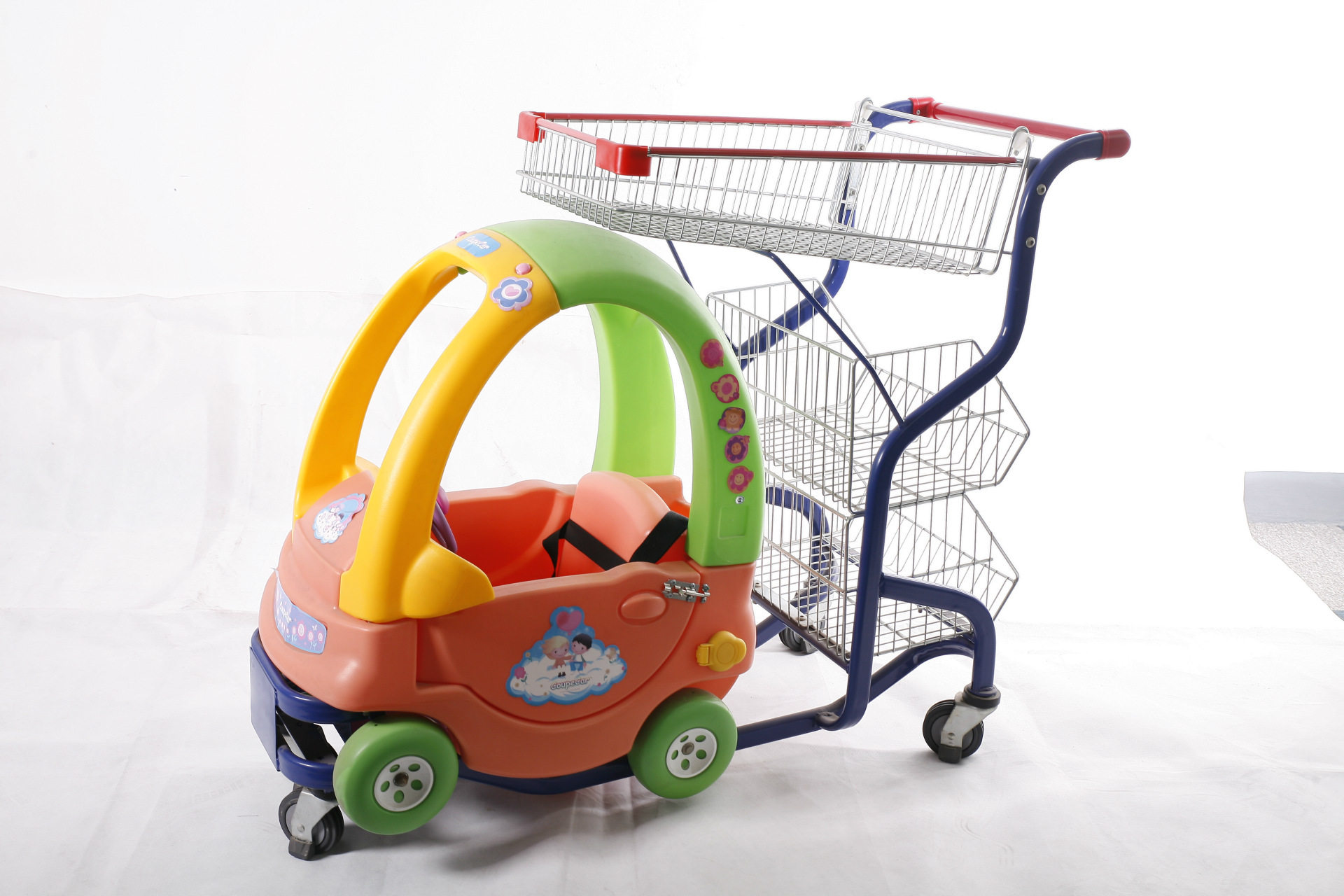 人气儿童童趣黑色车轮双层超市多层手推车热销购物车单蓝推车三篮