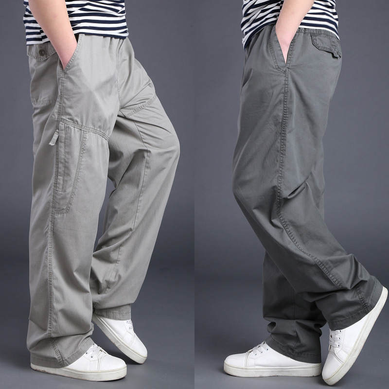男士休閑褲秋季加肥加大碼長褲厚款松緊腰男褲子多口袋寬松工裝褲