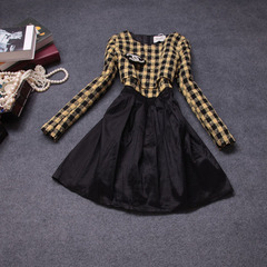 Fall/winter 2014 temperament of new Europe and slim fit long sleeve Plaid dress woolen cloth