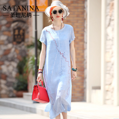 圣坦尼纳原创设计2016夏季新款简约薄款短袖亚麻中长款连衣裙女装
