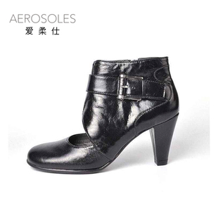 愛馬仕stan Aerosoles 愛柔仕鏤空真皮女鞋羊皮粗跟低筒靴 通勤品牌女靴72035 愛馬仕t恤