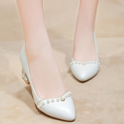 Spring of 2015 new leather pointy thick with Pearl light sweet light leather high heel shoes women shoes