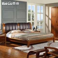 百谷 柚木中式实木床1.8米婚床双人床 头层牛皮真皮靠背大床 s11