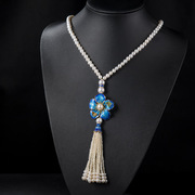 Thai natural Pearl Flower necklace 925 Silver cloisonne vintage women long tassel necklace new