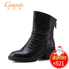 Cameido/卡美多2016新款冬季褶皱牛皮女鞋 圆头休闲粗跟加绒短靴