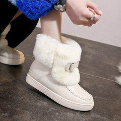 韩版冬季甜美可爱兔毛雪地靴女短筒防水皮面内增高一脚蹬真皮短靴