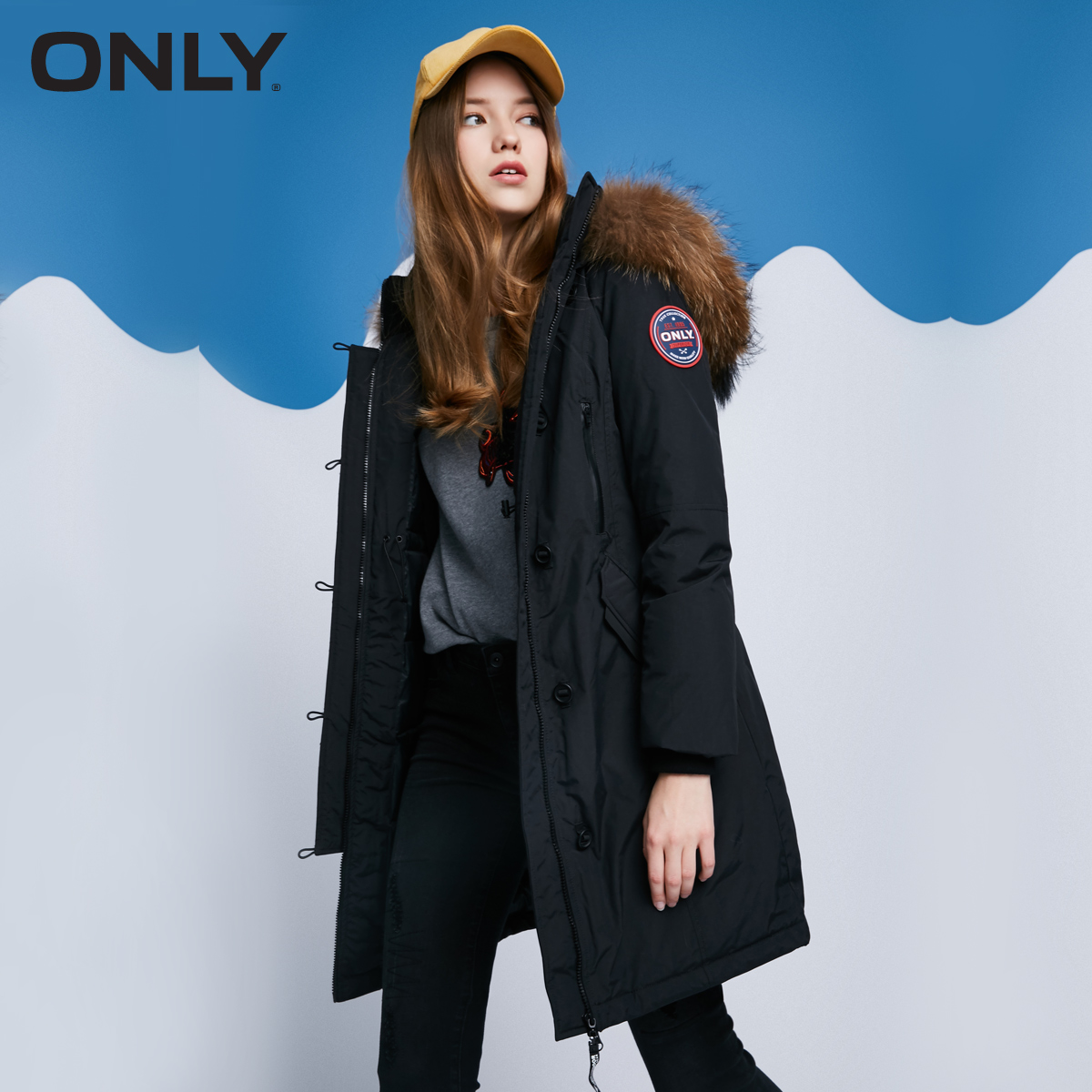 用券直减70元only冬新貉子毛领中长修身羽绒服女116312526