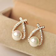 Mail new Europe and simple new Korean version of the elegant wild temperament cross rhinestone faux Pearl Stud Earrings