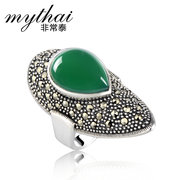 925 Thai Thai silver jewelry rings Korean fashion woman exaggerated green agate ring gemstone ring girls index