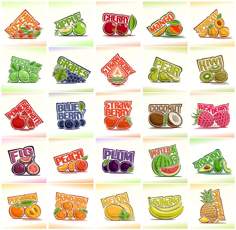 矢量设计素材37张扁平化水果图标icons英文字母logo设计素材