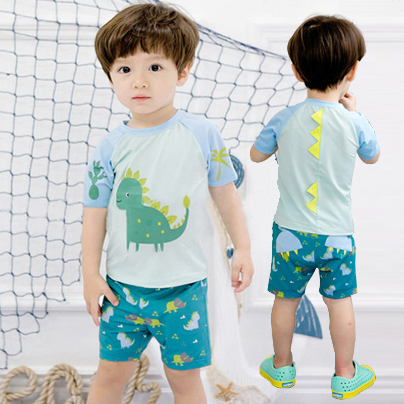 兒童泳衣男童潮平角沙灘泳褲綠色恐龍可愛寶寶兒童海邊分體遊泳衣