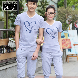 汉墨服饰旗舰店情侣装夏装2015韩版修身v领半袖纯棉夏季套装潮男装男士短袖T恤