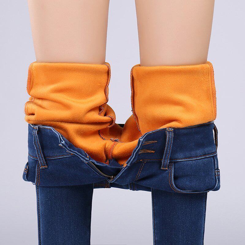 加絨牛仔褲女保暖彈力鼕季學生加厚顯瘦高腰修身長褲小腳鉛筆褲子