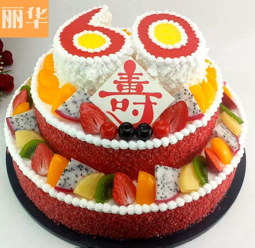 仿真新款三层草莓碎寿桃60大寿水果生日蛋糕模型庆寿过寿祝寿庆典