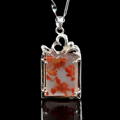 【润衡】精品南红玛瑙 纯银镶嵌 冰飘草花吊坠 披红戴花 1102