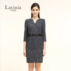 Lavinia/拉维妮娅秋季新款OL修身显瘦V领七分袖连衣裙LM67LQ52