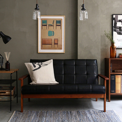 北欧宜家小户型皮艺沙发 日式经典复古单人双三人咖啡厅实木沙发