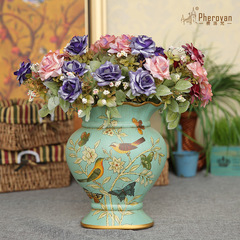 欧式美式花瓶复古客厅陶瓷花瓶摆件台面花瓶摆件乡村花鸟陶瓷
