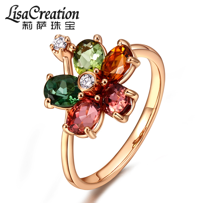 莉萨珠宝18k金彩宝女戒镶钻石绿色彩色宝石戒指天然红碧玺戒指