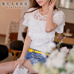 Short sleeve shirt pink large dolls 2015 new women's slim spell embroidered organza blouse shirt