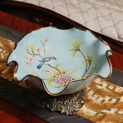 美式乡村创意花鸟彩绘陶瓷水果盘 复古果盘 餐桌茶几客厅工艺果盘