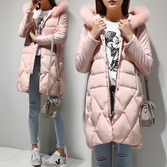 2016冬装新款粉色连帽中长款加厚狐狸毛领羽绒服女拼接保暖外套