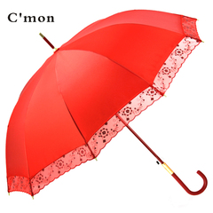 Cmon蕾丝花边新娘红伞结婚伞伴娘伞婚庆大红色长柄婚礼雨伞道具伞
