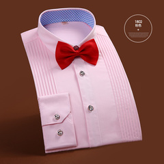 柒鲨男款商务宴会时尚长袖衬衫粉色白色结婚婚礼礼服皱褶小领衬衣