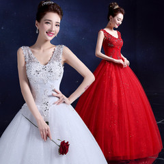 红色婚纱礼服2016秋冬新款韩式双肩蕾丝显瘦公主新娘结婚纱女大码