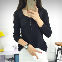 韩版长袖拼接圆领打底T恤 2016新款女装口袋纽扣学生装打底衫