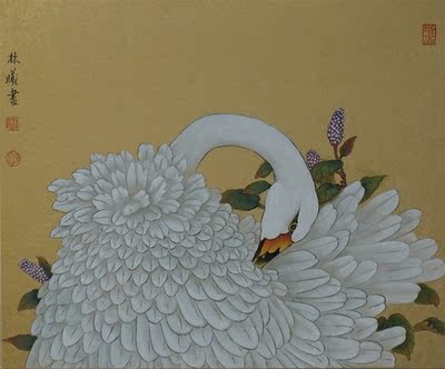 林曦工笔花鸟画作品-《天鹅Ⅱ》
