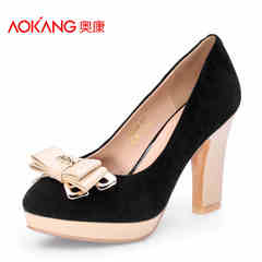 Aokang shoes spring Korean fashion bowknot thick Sheepskin water resistant ultra high heel women's shoes