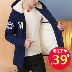 男士外套冬季2016新款加绒加厚青少年棉衣袄子中长款韩版修身棉服