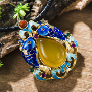 Very Thai carp cloisonne 925 Silver ladies and gorgeous natural yellow agate pendant, fashion pendant wave