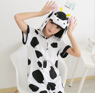 短袖卡通表演服奶牛动物连体睡衣小花牛衣服派对舞会亲子演出服夏