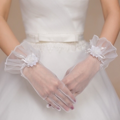 特价新款新娘手套白色短款透明小花手套