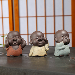 可爱佛彩砂茶宠小三不小和尚摆件精品紫砂小沙弥不听不看不说茶玩