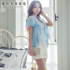 Blouse pink doll summer 2015 new chiffon flounces irregularly placed shirts women's Cardigan